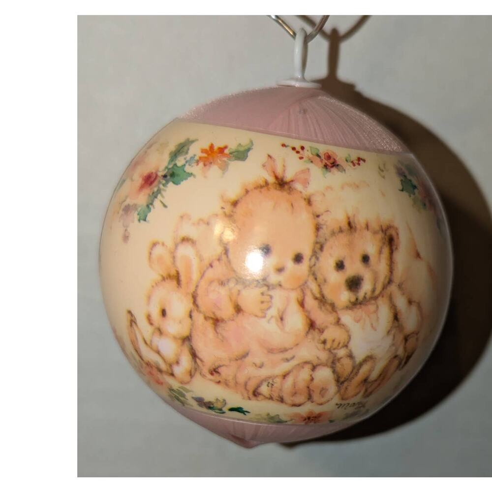 Vintage 1991 Baby's First Christmas Hallmark Satin Ball ornament Girl Box Rare - Picture 2 of 13